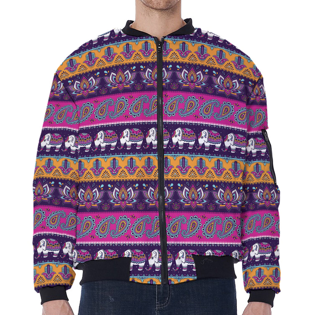 Paisley Elephant Hamsa Pattern Print Zip Sleeve Bomber Jacket