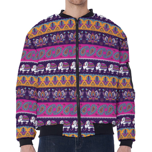 Paisley Elephant Hamsa Pattern Print Zip Sleeve Bomber Jacket