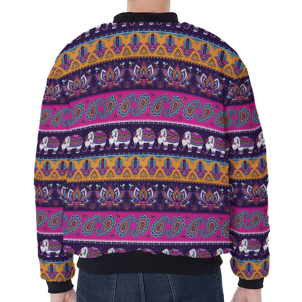 Paisley Elephant Hamsa Pattern Print Zip Sleeve Bomber Jacket