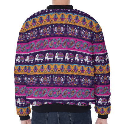Paisley Elephant Hamsa Pattern Print Zip Sleeve Bomber Jacket