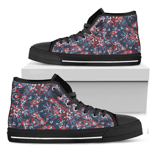 Paisley Floral Bohemian Pattern Print Black High Top Sneakers