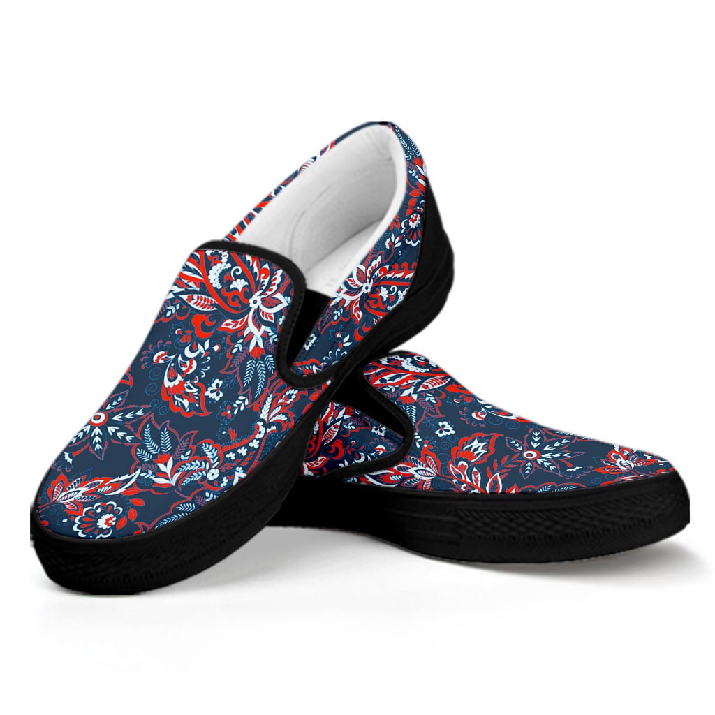 Paisley Floral Bohemian Pattern Print Black Slip On Sneakers