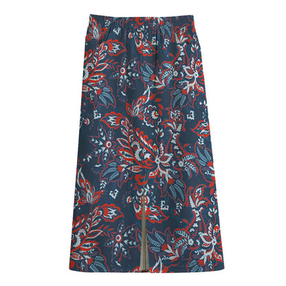 Paisley Floral Bohemian Pattern Print Cotton Front Slit Maxi Skirt
