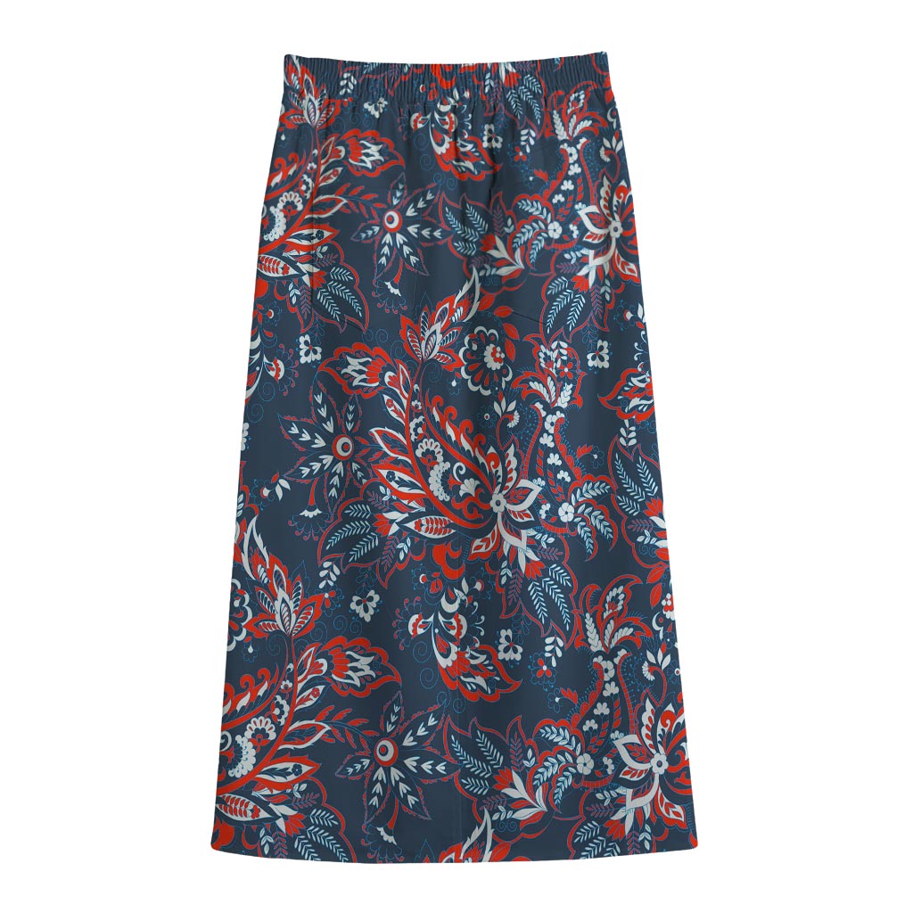 Paisley Floral Bohemian Pattern Print Cotton Front Slit Maxi Skirt