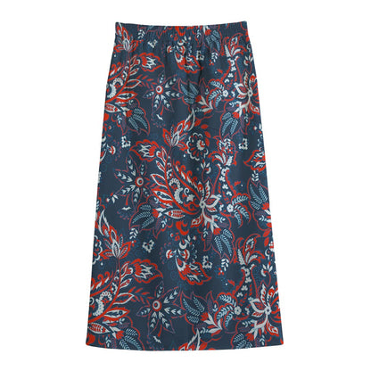 Paisley Floral Bohemian Pattern Print Cotton Front Slit Maxi Skirt