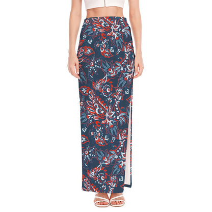 Paisley Floral Bohemian Pattern Print High Slit Maxi Skirt