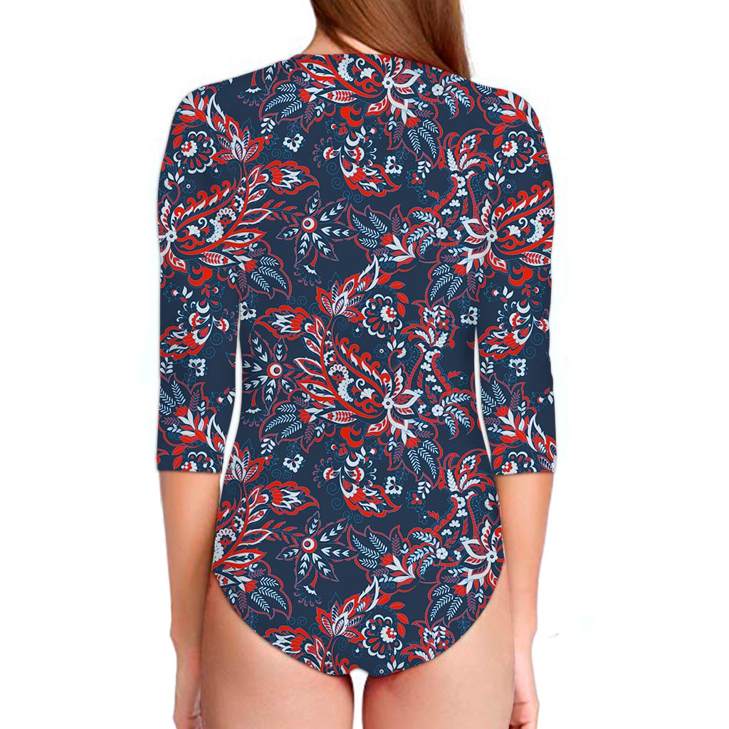 Paisley Floral Bohemian Pattern Print Long Sleeve Swimsuit