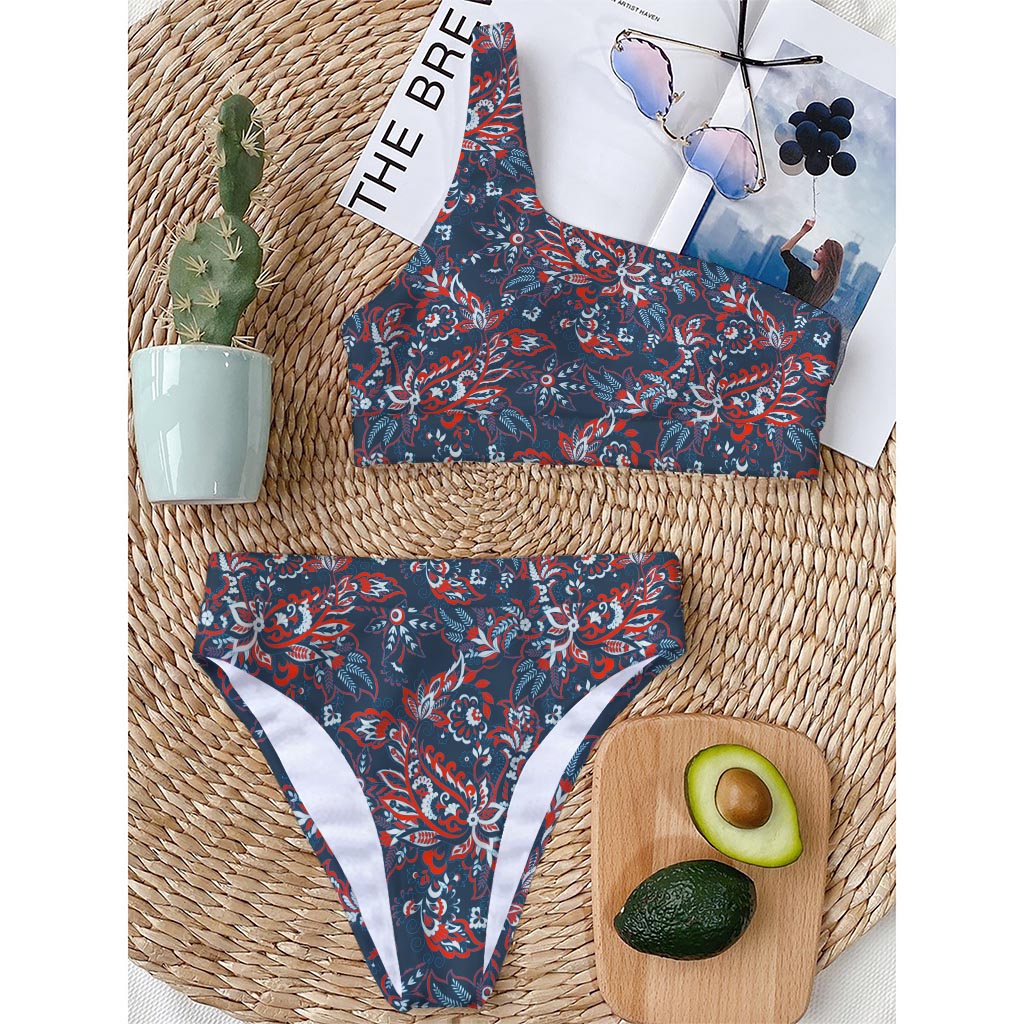 Paisley Floral Bohemian Pattern Print One Shoulder Bikini Top