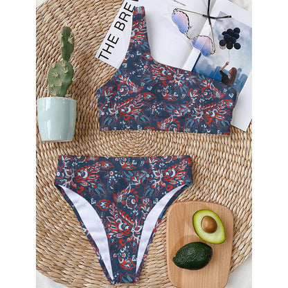 Paisley Floral Bohemian Pattern Print One Shoulder Bikini Top
