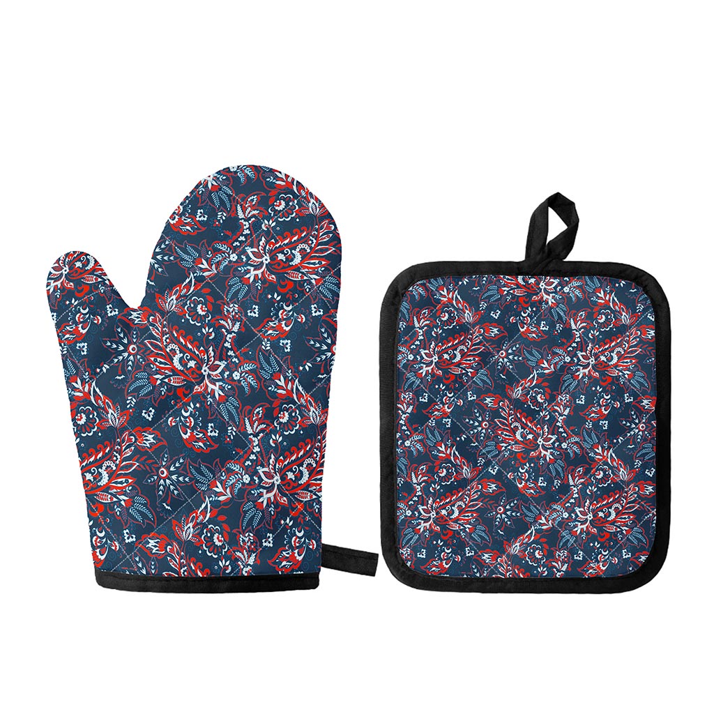 Paisley Floral Bohemian Pattern Print Oven Mitt And Pot Holder Set
