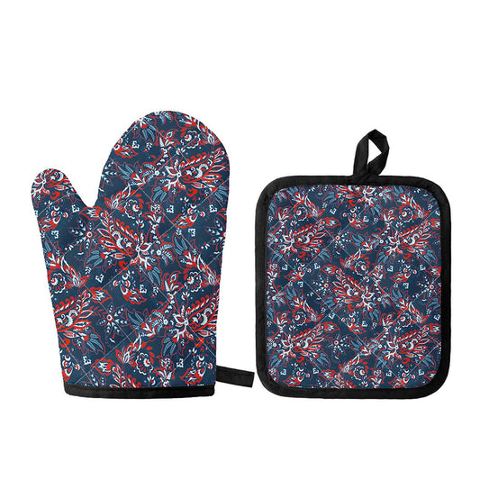 Paisley Floral Bohemian Pattern Print Oven Mitt And Pot Holder Set