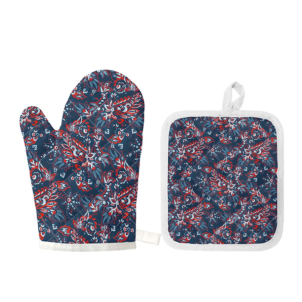 Paisley Floral Bohemian Pattern Print Oven Mitt And Pot Holder Set