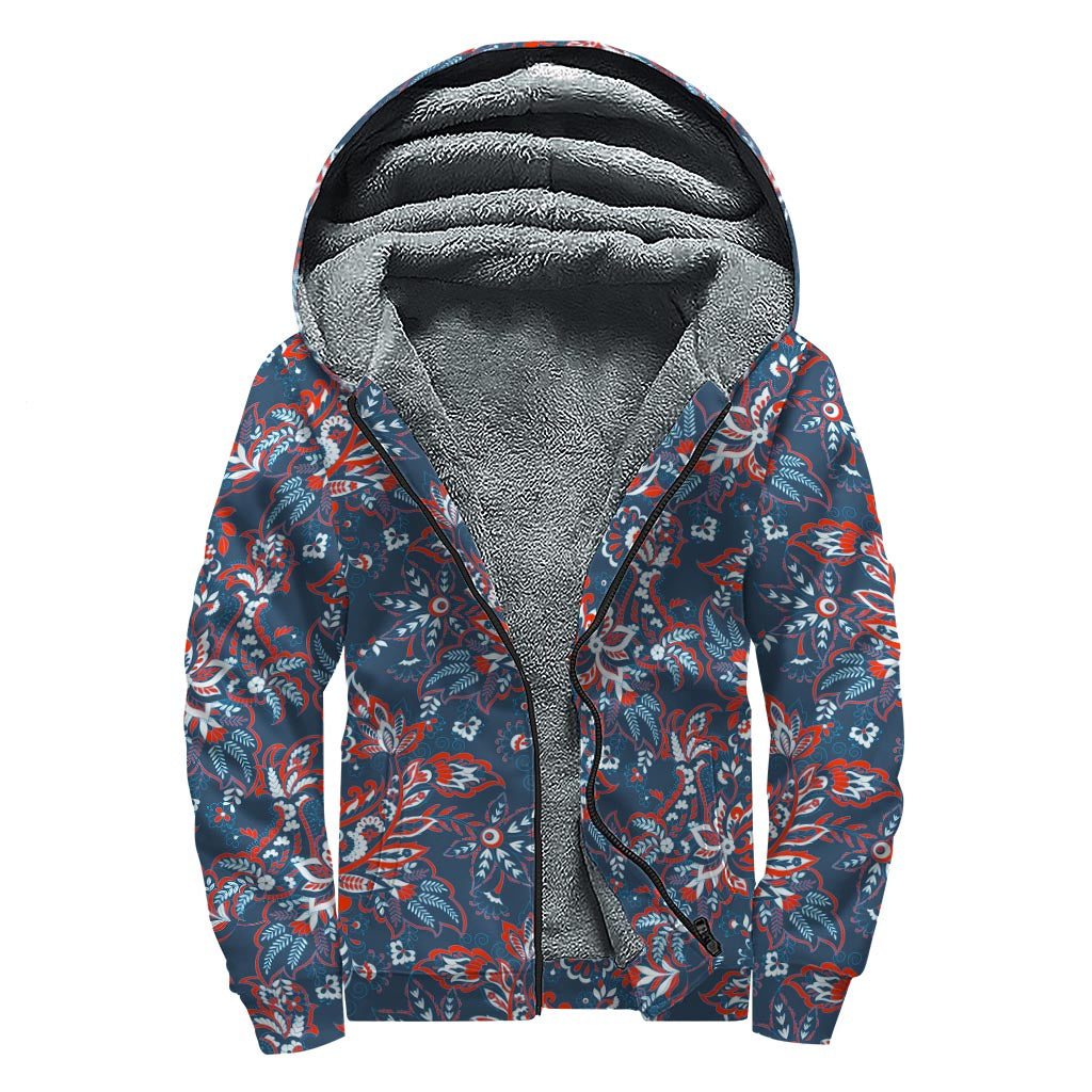 Paisley Floral Bohemian Pattern Print Sherpa Lined Zip Up Hoodie