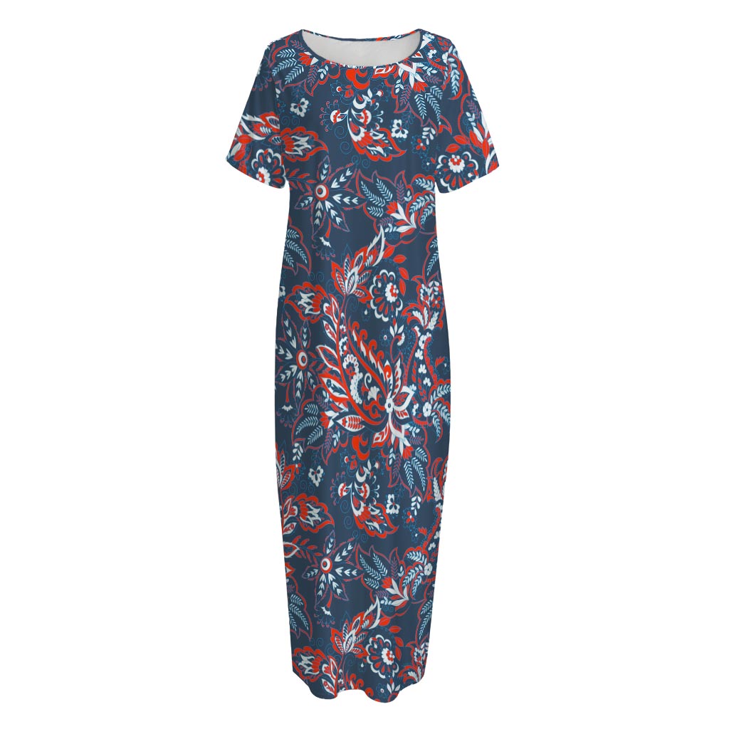 Paisley Floral Bohemian Pattern Print Short Sleeve Long Nightdress