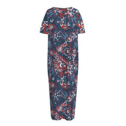 Paisley Floral Bohemian Pattern Print Short Sleeve Long Nightdress