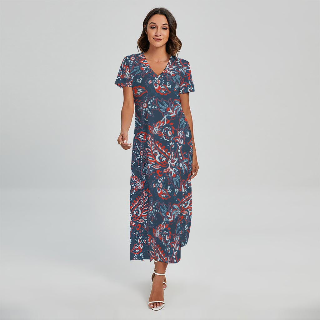 Paisley Floral Bohemian Pattern Print Short Sleeve Maxi Dress