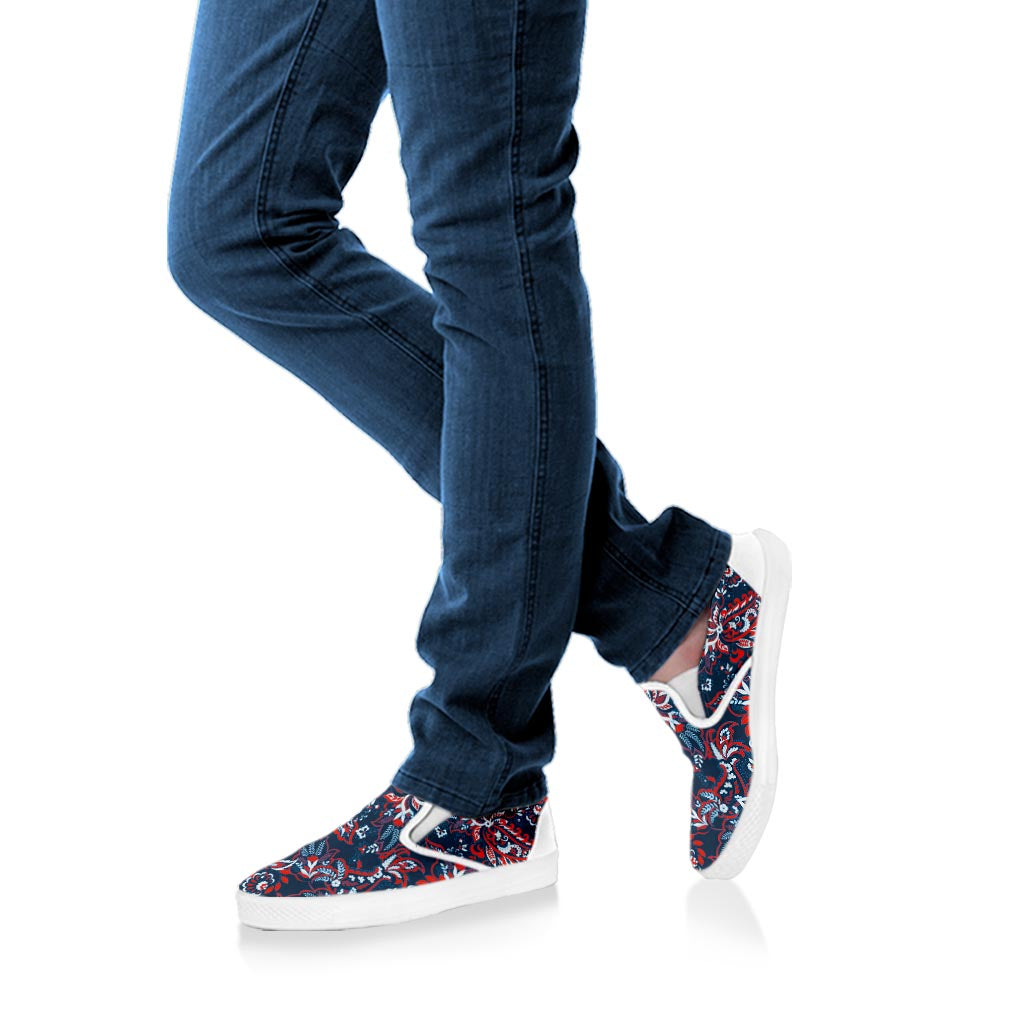 Paisley Floral Bohemian Pattern Print White Slip On Sneakers