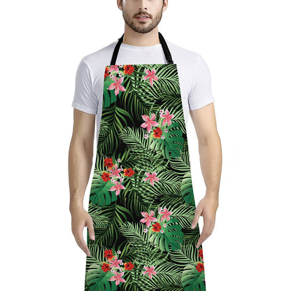 Palm Hawaiian Tropical Pattern Print Bib Apron With Pocket