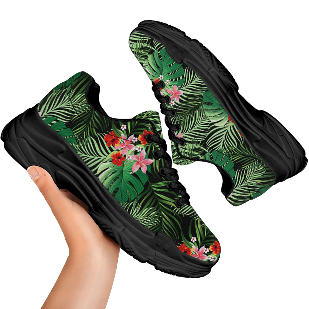 Palm Hawaiian Tropical Pattern Print Black Chunky Shoes