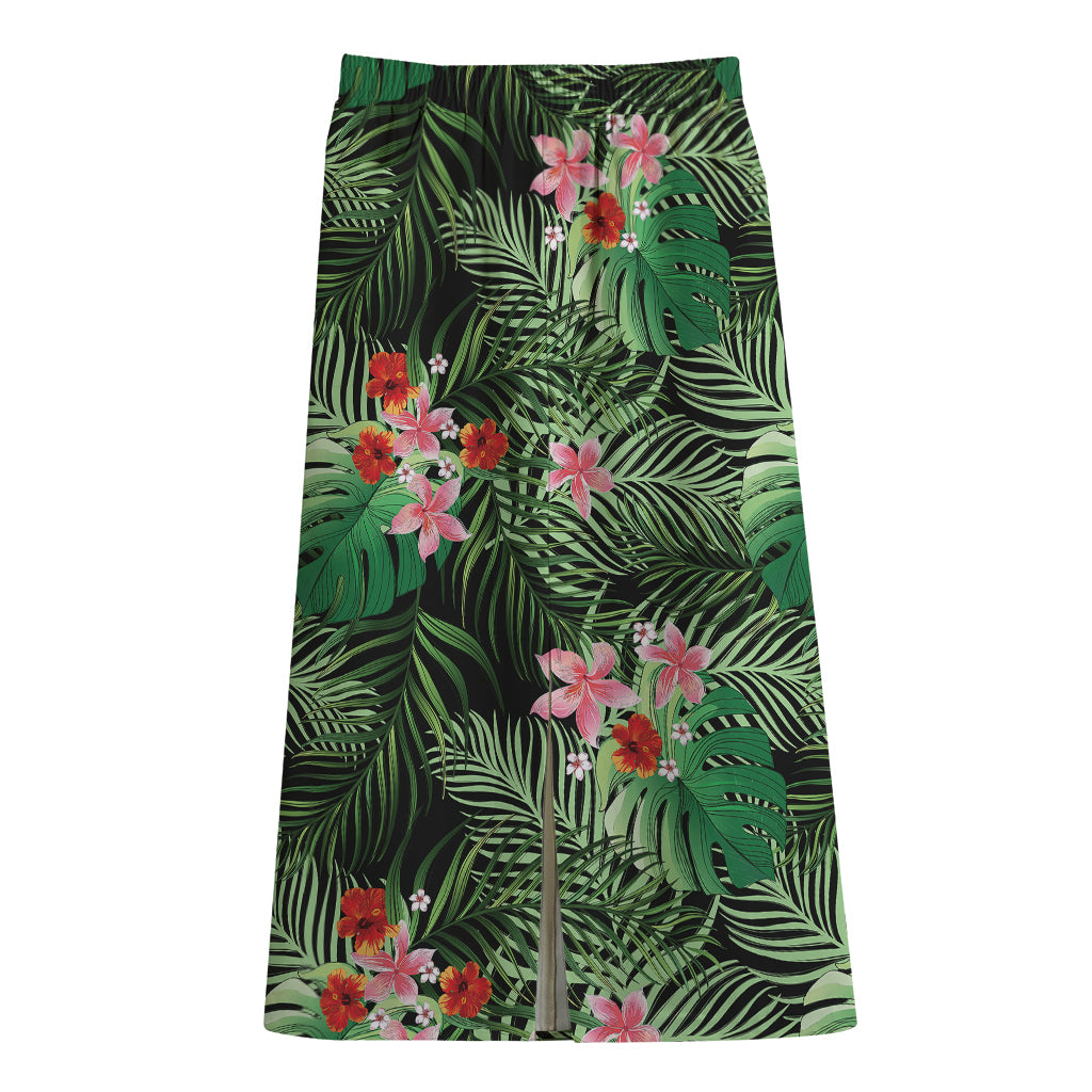 Palm Hawaiian Tropical Pattern Print Cotton Front Slit Maxi Skirt