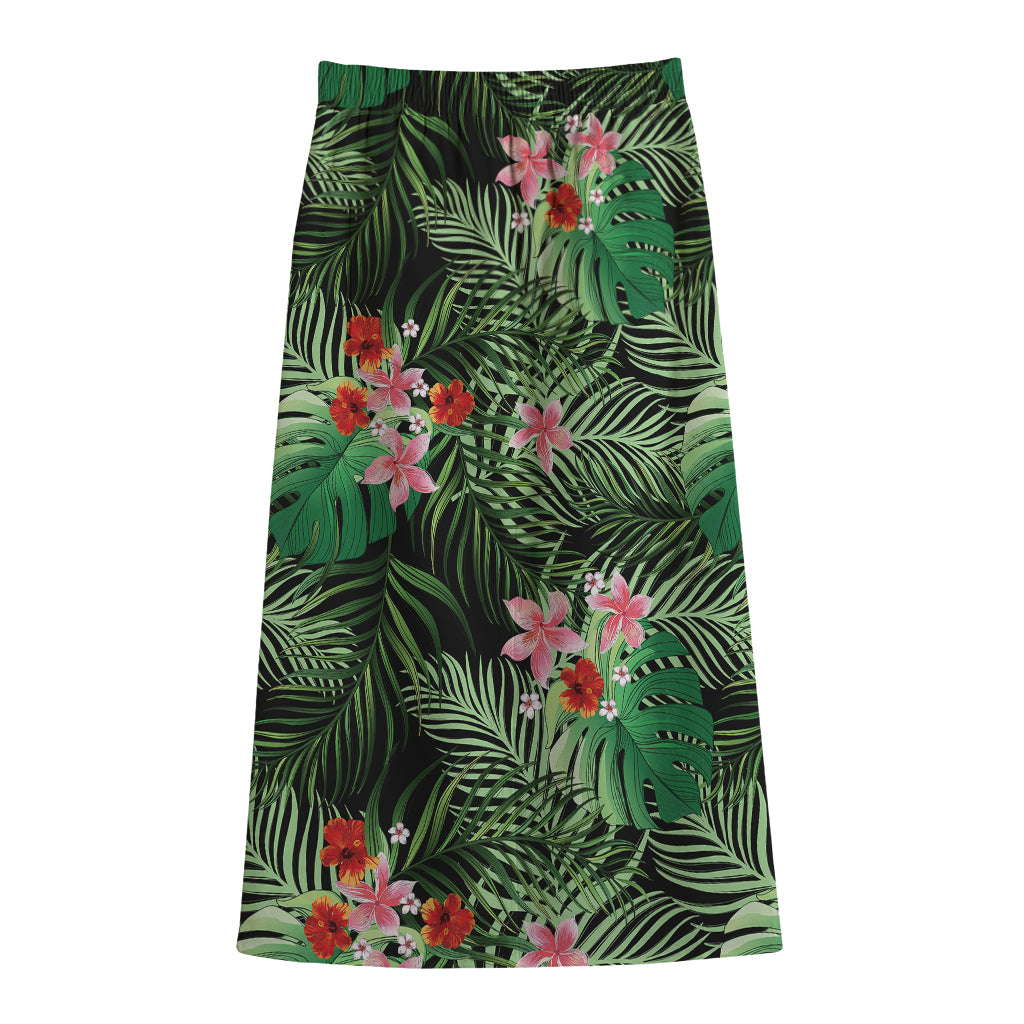 Palm Hawaiian Tropical Pattern Print Cotton Front Slit Maxi Skirt