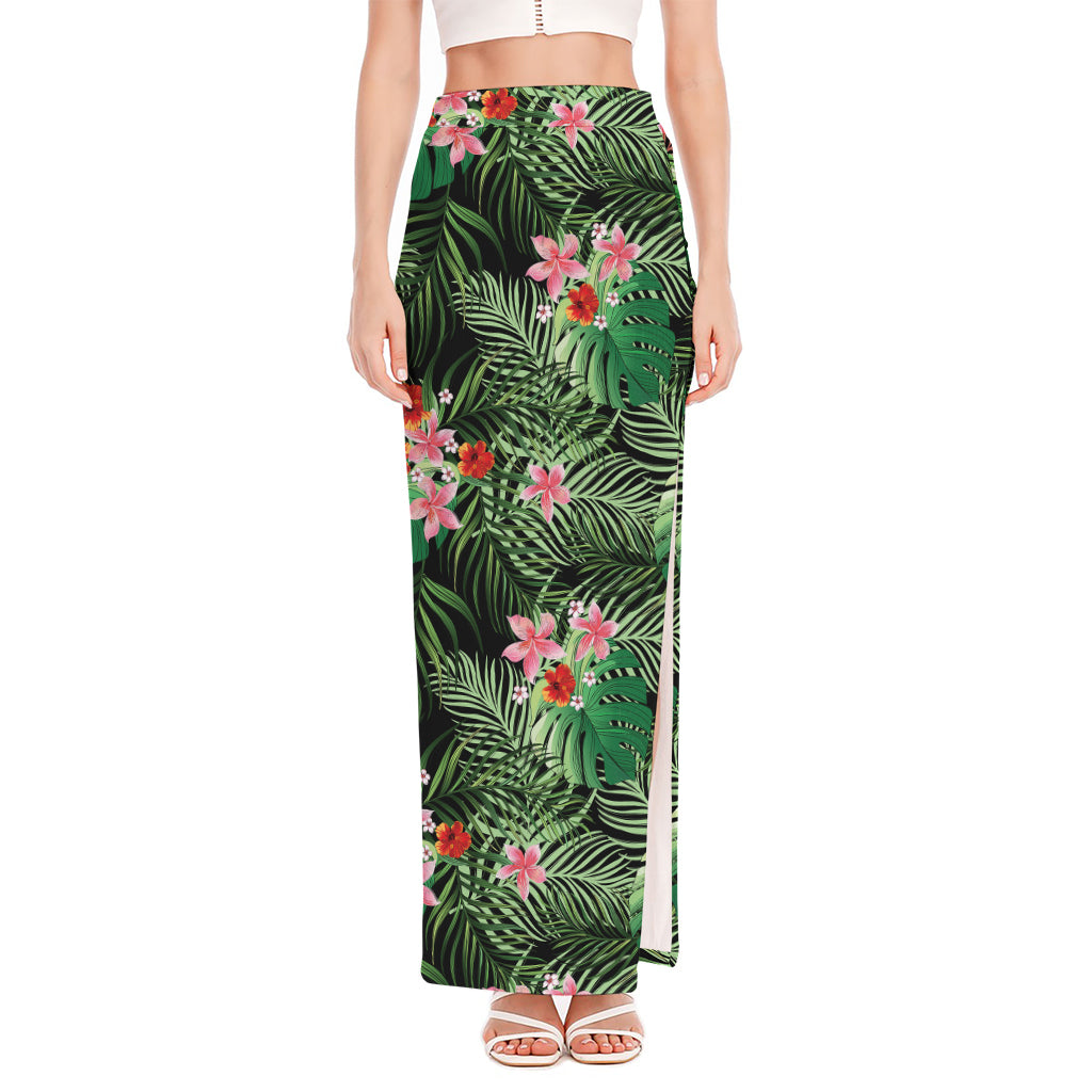 Palm Hawaiian Tropical Pattern Print High Slit Maxi Skirt