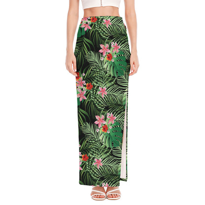Palm Hawaiian Tropical Pattern Print High Slit Maxi Skirt
