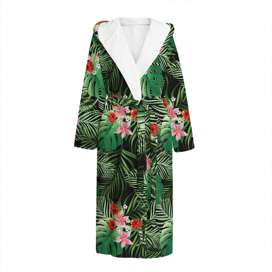 Palm Hawaiian Tropical Pattern Print Hooded Bathrobe