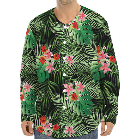 Palm Hawaiian Tropical Pattern Print Long Sleeve Baseball Jersey