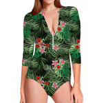 Palm Hawaiian Tropical Pattern Print Long Sleeve Swimsuit