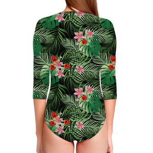 Palm Hawaiian Tropical Pattern Print Long Sleeve Swimsuit