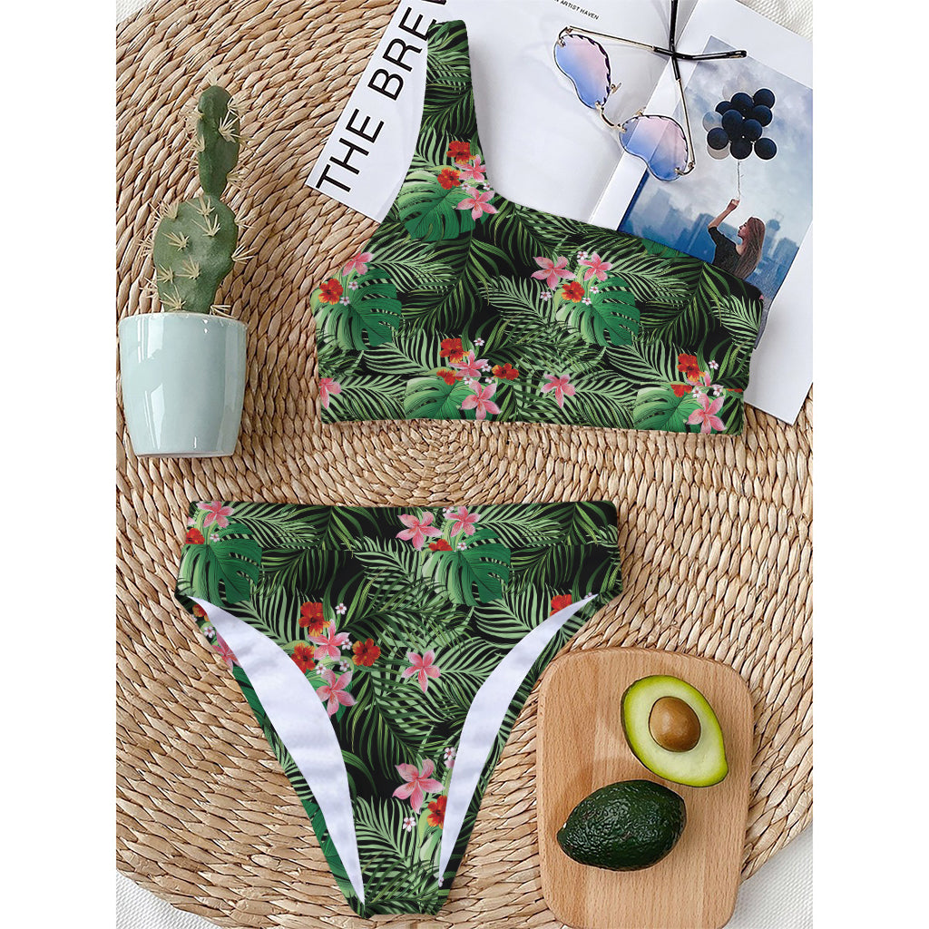 Palm Hawaiian Tropical Pattern Print One Shoulder Bikini Top