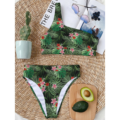 Palm Hawaiian Tropical Pattern Print One Shoulder Bikini Top