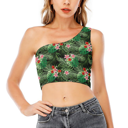 Palm Hawaiian Tropical Pattern Print One Shoulder Crop Top