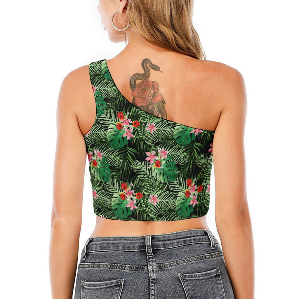 Palm Hawaiian Tropical Pattern Print One Shoulder Crop Top