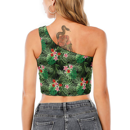 Palm Hawaiian Tropical Pattern Print One Shoulder Crop Top