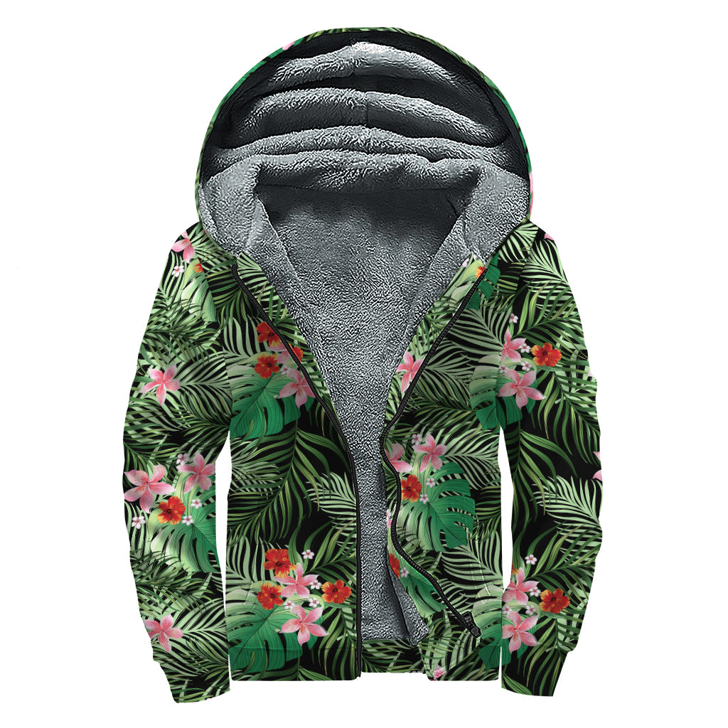 Palm Hawaiian Tropical Pattern Print Sherpa Lined Zip Up Hoodie