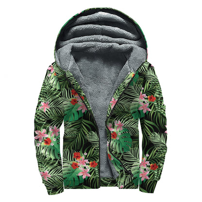 Palm Hawaiian Tropical Pattern Print Sherpa Lined Zip Up Hoodie