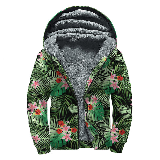 Palm Hawaiian Tropical Pattern Print Sherpa Lined Zip Up Hoodie
