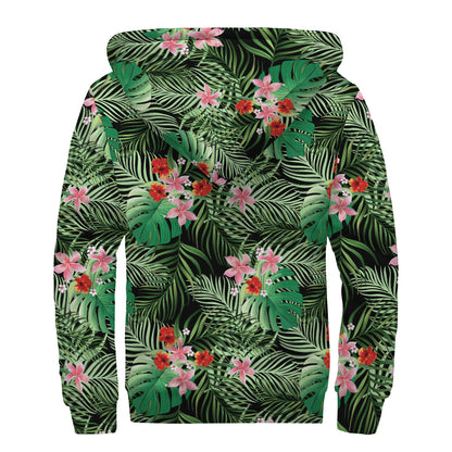 Palm Hawaiian Tropical Pattern Print Sherpa Lined Zip Up Hoodie