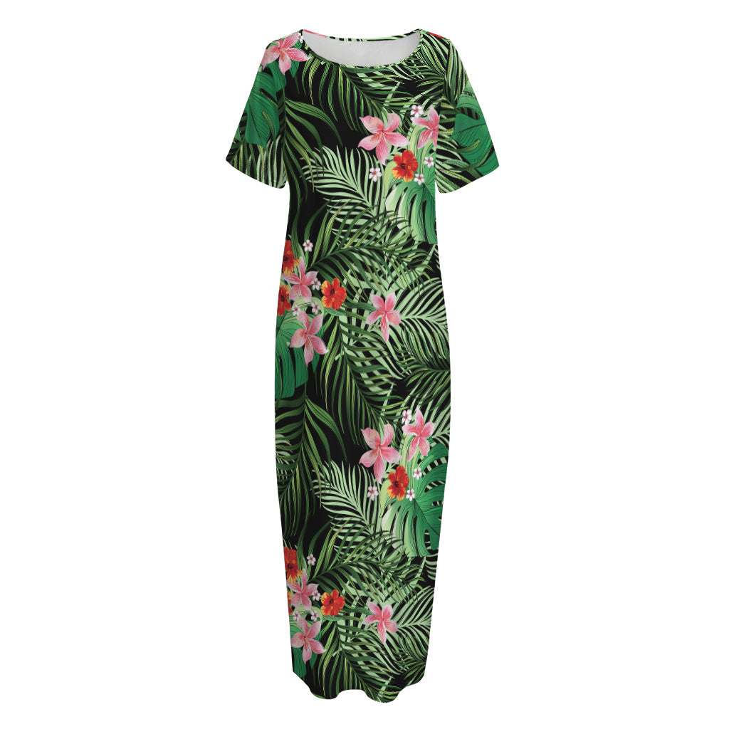 Palm Hawaiian Tropical Pattern Print Short Sleeve Long Nightdress