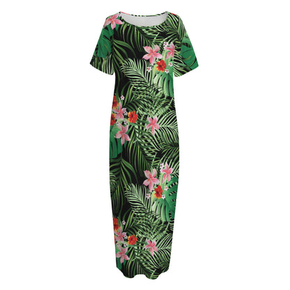 Palm Hawaiian Tropical Pattern Print Short Sleeve Long Nightdress