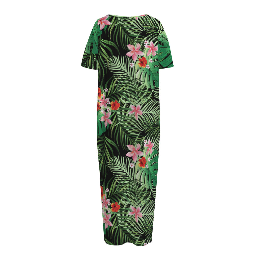 Palm Hawaiian Tropical Pattern Print Short Sleeve Long Nightdress