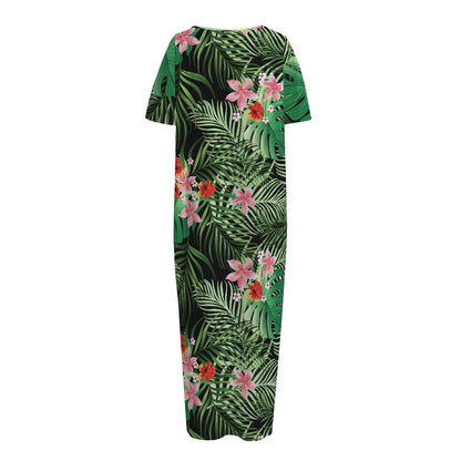 Palm Hawaiian Tropical Pattern Print Short Sleeve Long Nightdress