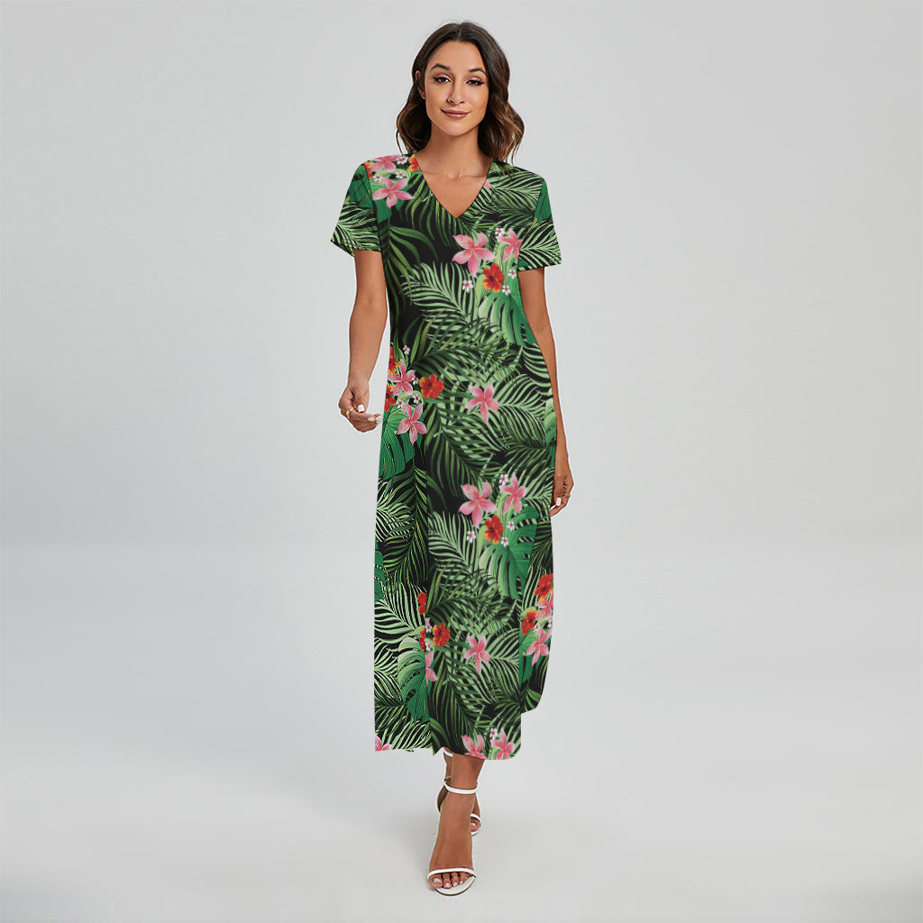 Palm Hawaiian Tropical Pattern Print Short Sleeve Maxi Dress