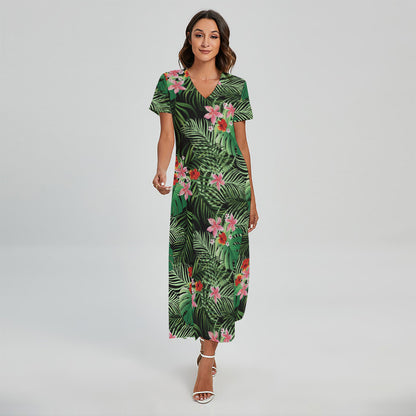 Palm Hawaiian Tropical Pattern Print Short Sleeve Maxi Dress