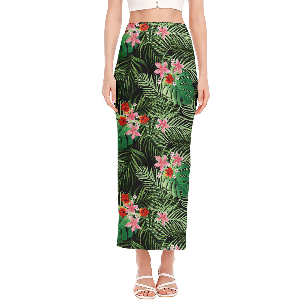 Palm Hawaiian Tropical Pattern Print Side Slit Maxi Skirt