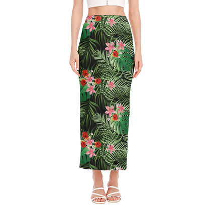 Palm Hawaiian Tropical Pattern Print Side Slit Maxi Skirt