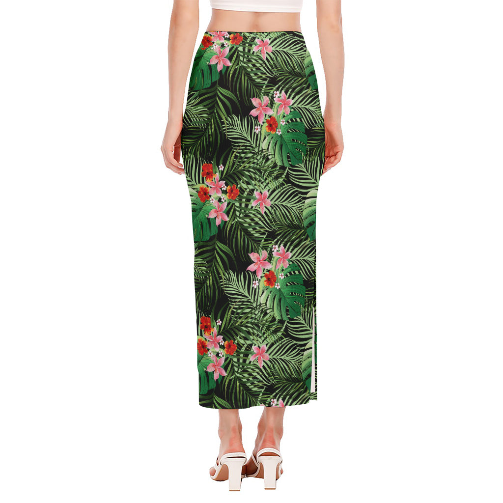 Palm Hawaiian Tropical Pattern Print Side Slit Maxi Skirt