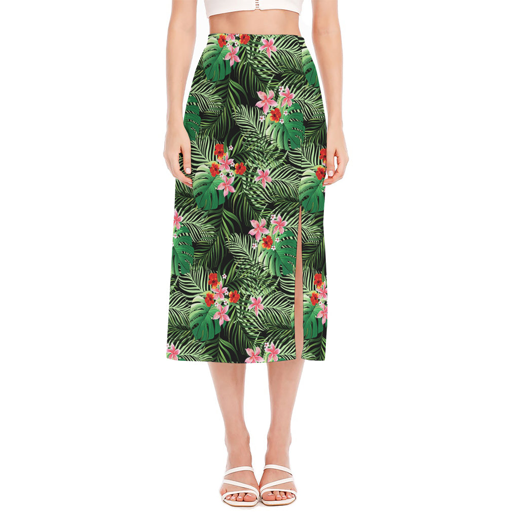 Palm Hawaiian Tropical Pattern Print Side Slit Midi Skirt